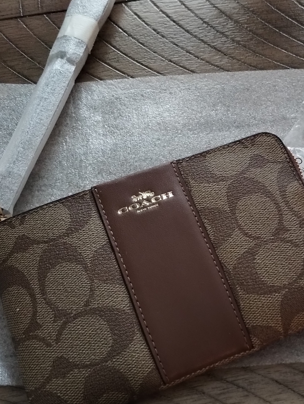 Coach Brown Signature Zip Around Wallet with Leather Trim